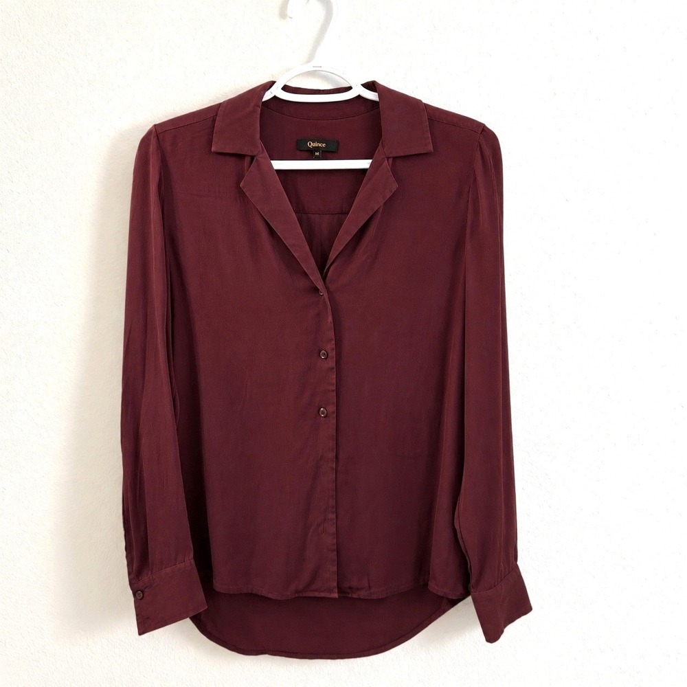 Quince Washable Stretch Silk button Blouse Womens XS Wine Collar Top